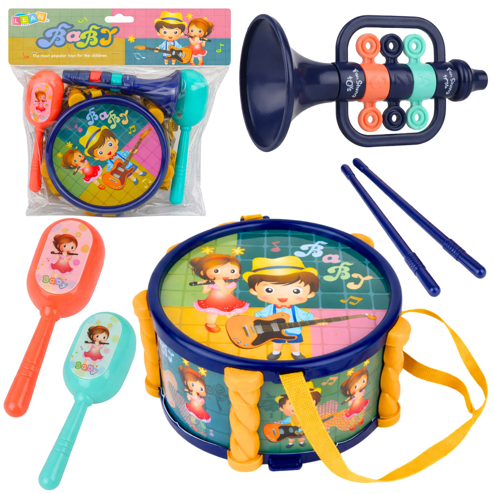 eng_pl_Musikinstrumenten-Set-fur-Kinder-Trommel-Trompete-Rasseln-Stocke-30753_1 Bērnu mūzikas instrumentu komplekts – bungas, grabulīši un taurīte - Image 1
