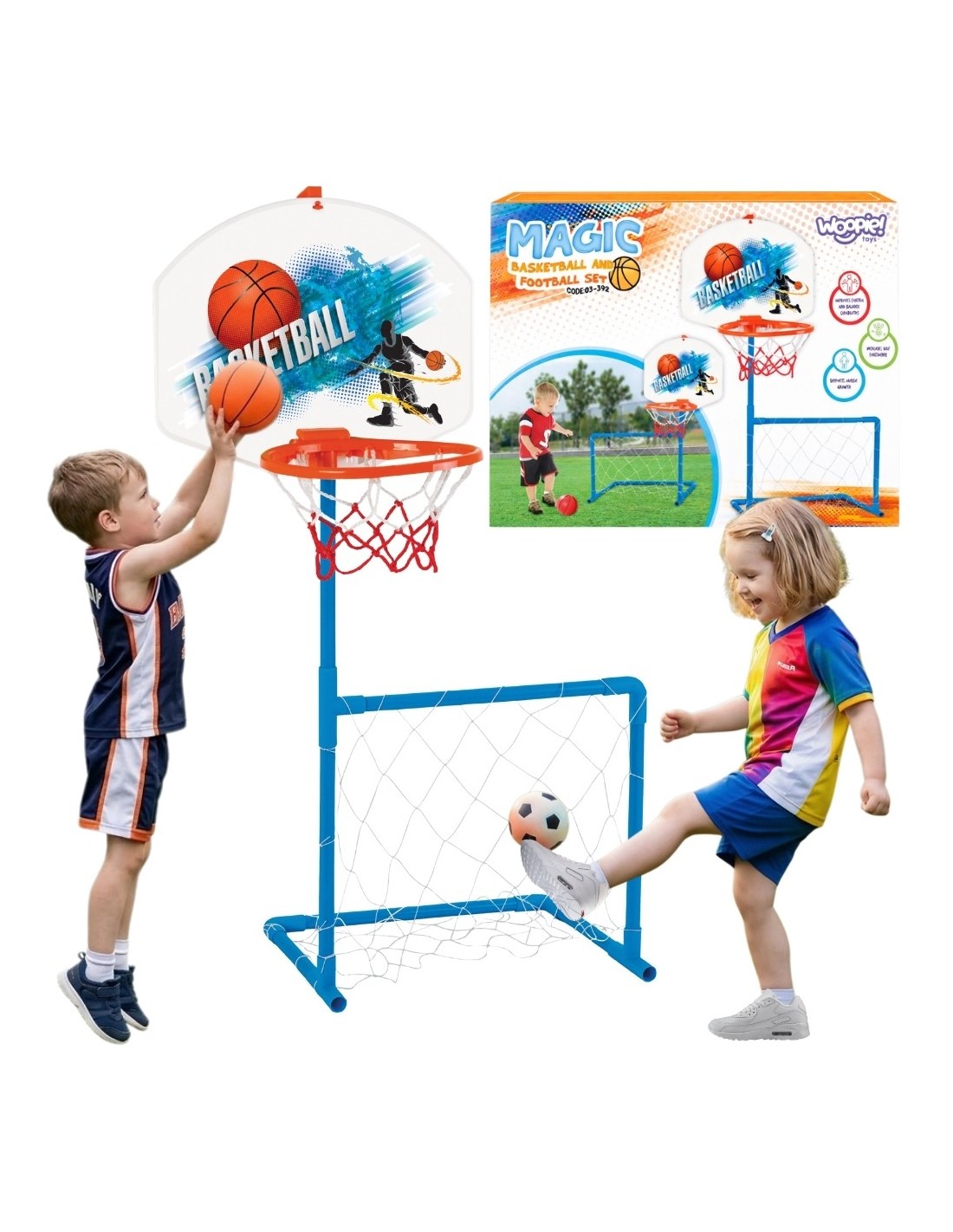 woopie-2-in-1-basketball-goal-ball-set 2in1 basketbola grozs un futbola vārti ar bumbu - Image 1