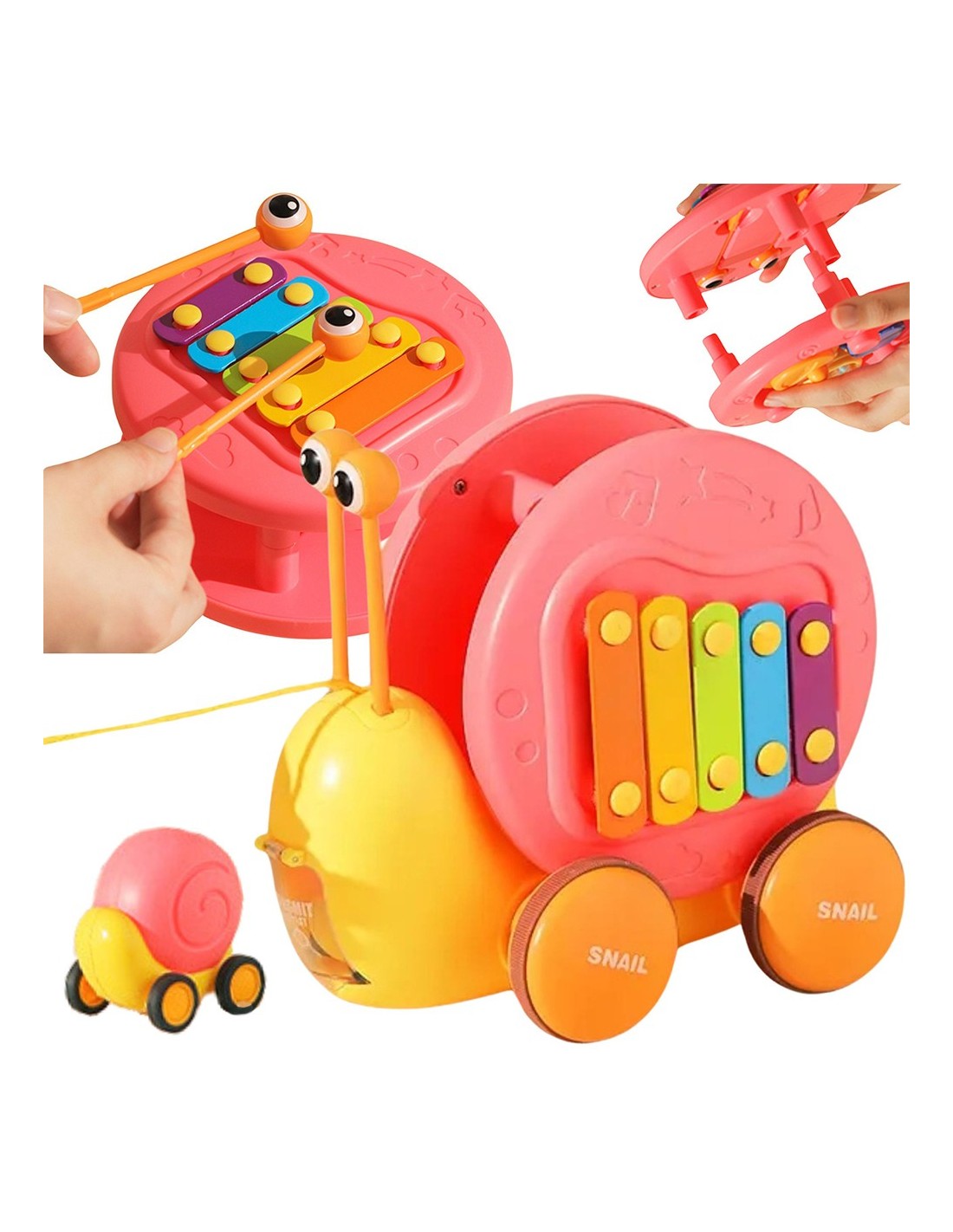 woopie-4-in-1-pull-along-snail-cymbals-sensory-gears-launcher-small-car 4in1 velkamā rotaļlieta “Gliemezītis” ar šķīvīšiem, sensorajiem zobratiem un mašīnīti - Image 1
