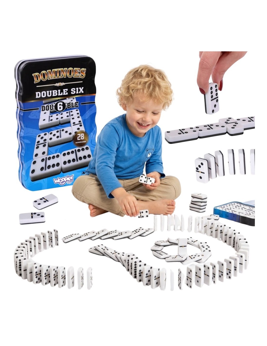 woopie-domino-classic-28-dice-puzzle-game Klasiskā domino spēle 28 kauliņi metāla kastītē - Image 1