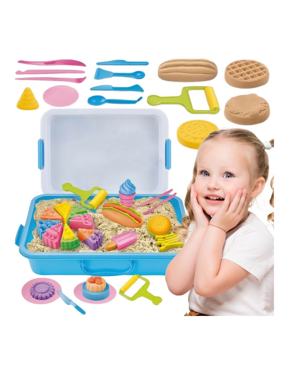 woopie-kinetic-sand-6-colors-12-kg-restaurant-table-set-with-molds Kinētiskās smiltis 6 krāsās 1.2 kg ar formiņām un restorāna galdiņu - Image 1