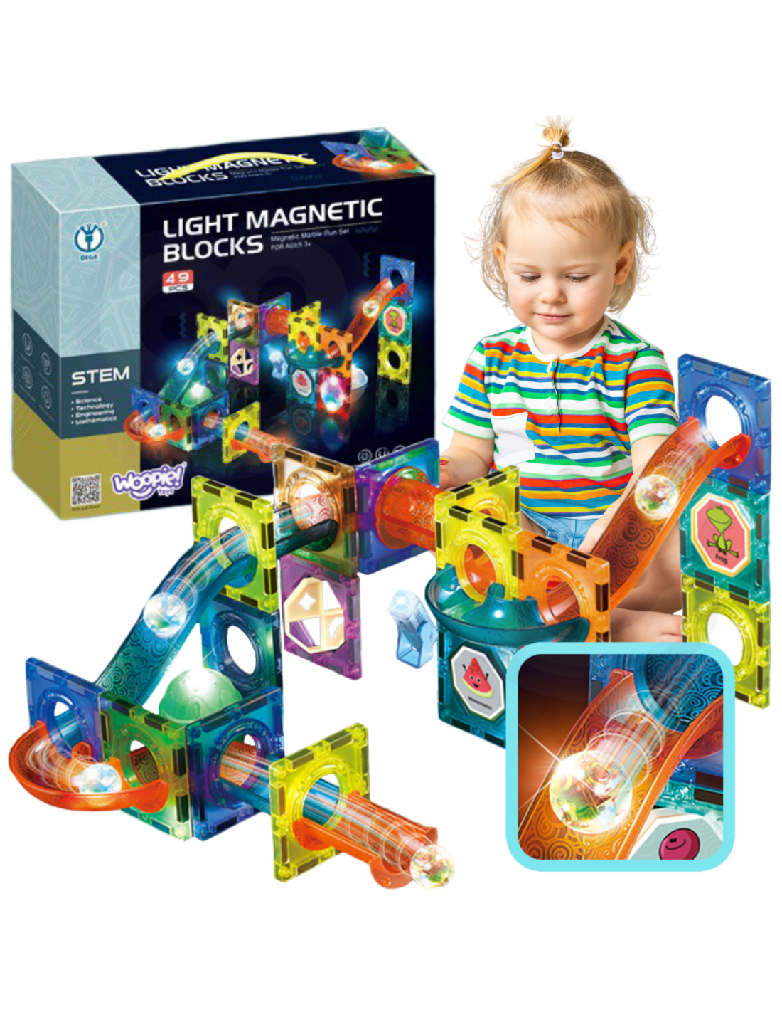 woopie-magnetic-blocks-ball-track-light-49-pcs Magnētiskais konstruktors ar bumbiņu trasi un apgaismojumu 49 gab. - Image 1