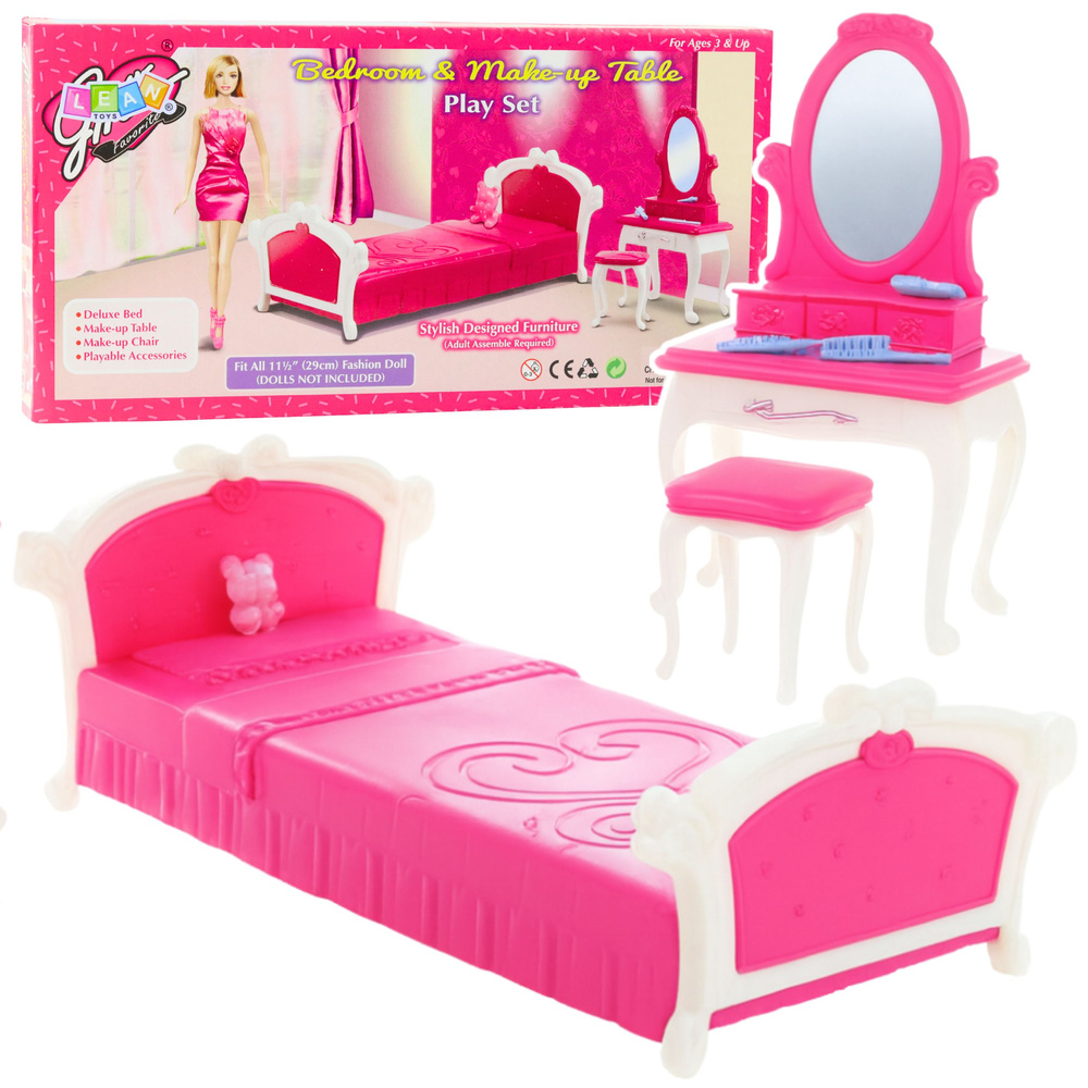 eng_pl_Dolls-Bedroom-Set-Dressing-Table-Chair-Bed-28112_1 Leļļu guļamistabas mēbeļu komplekts ar gultu un tualetes galdiņu 29 cm lellēm - Image 1
