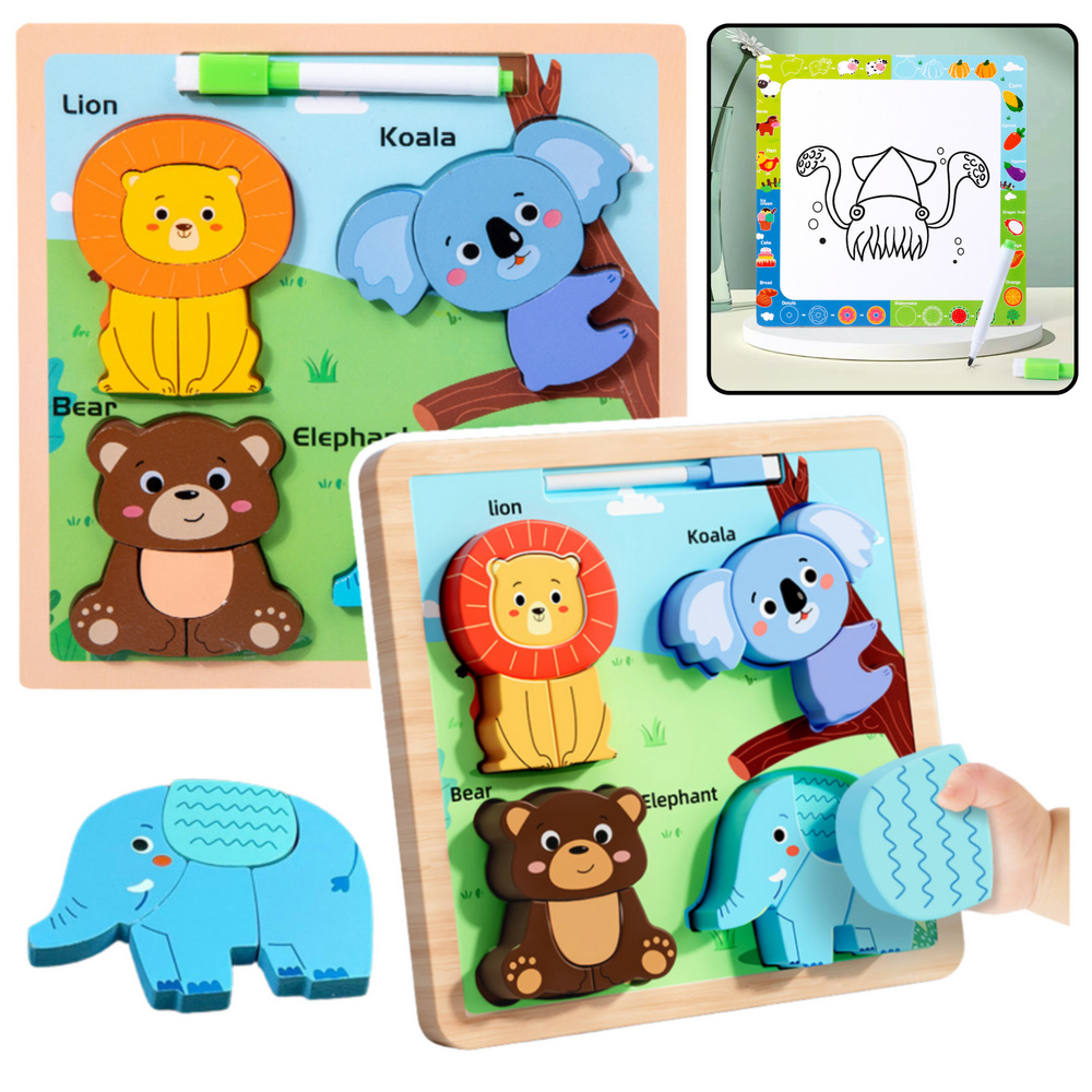 eng_pl_Puzzle-Board-2in1-Wooden-Educational-Wild-Animals-Marker-21569_1 Koka puzle ar dzīvniekiem un zīmēšanas tāfeli 2in1 - Image 1