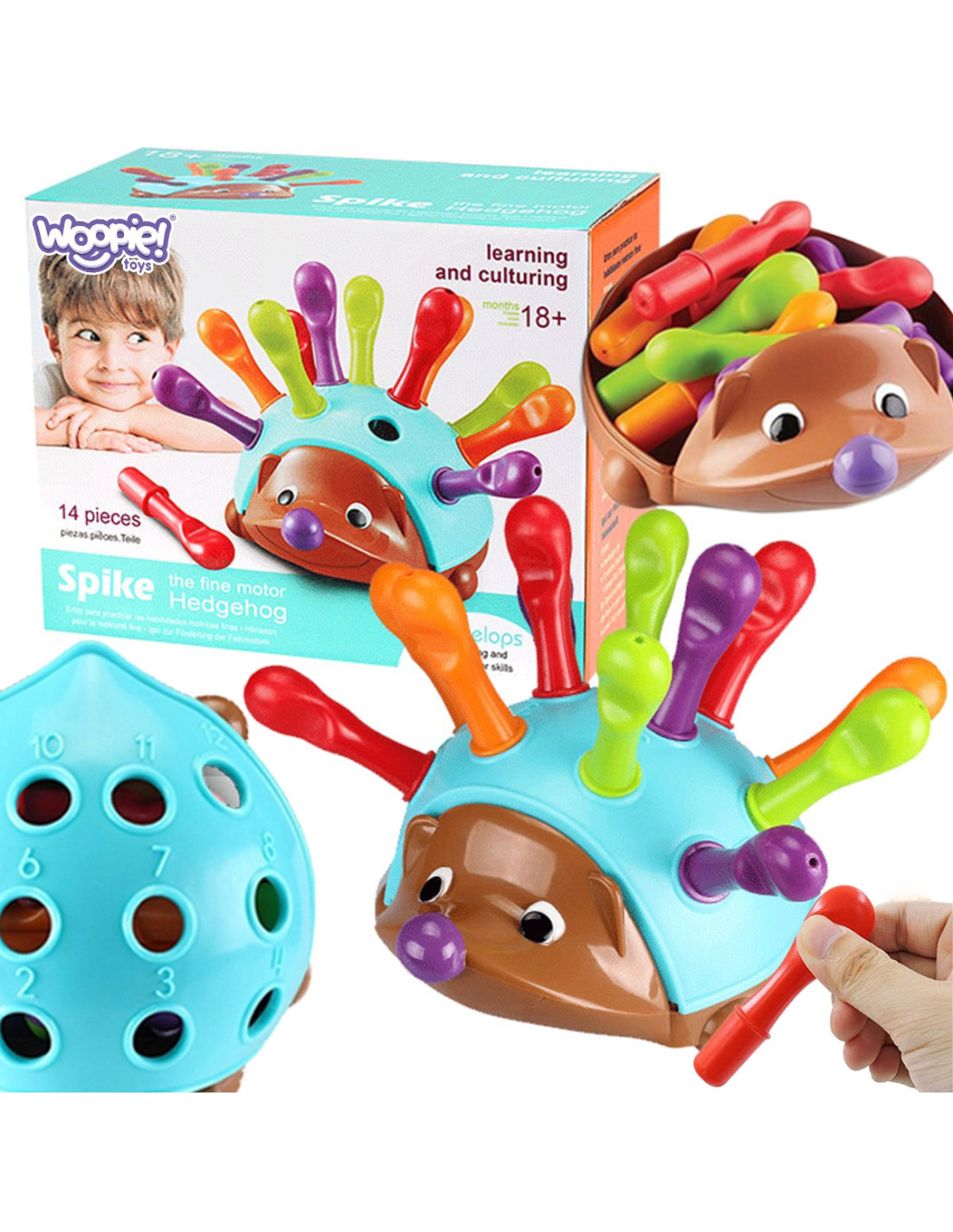 woopie-hedgehog-sorter-montessori-skill-game-learning-numbers-and-colors-4-in-1 Izglītojošā spēle "Ezītis" – krāsu un ciparu šķirotājs 4 vienā - Image 1