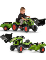 FALK Claas Arion 410 pedāļu traktors ar piekabi un frontālo kausu, zaļš