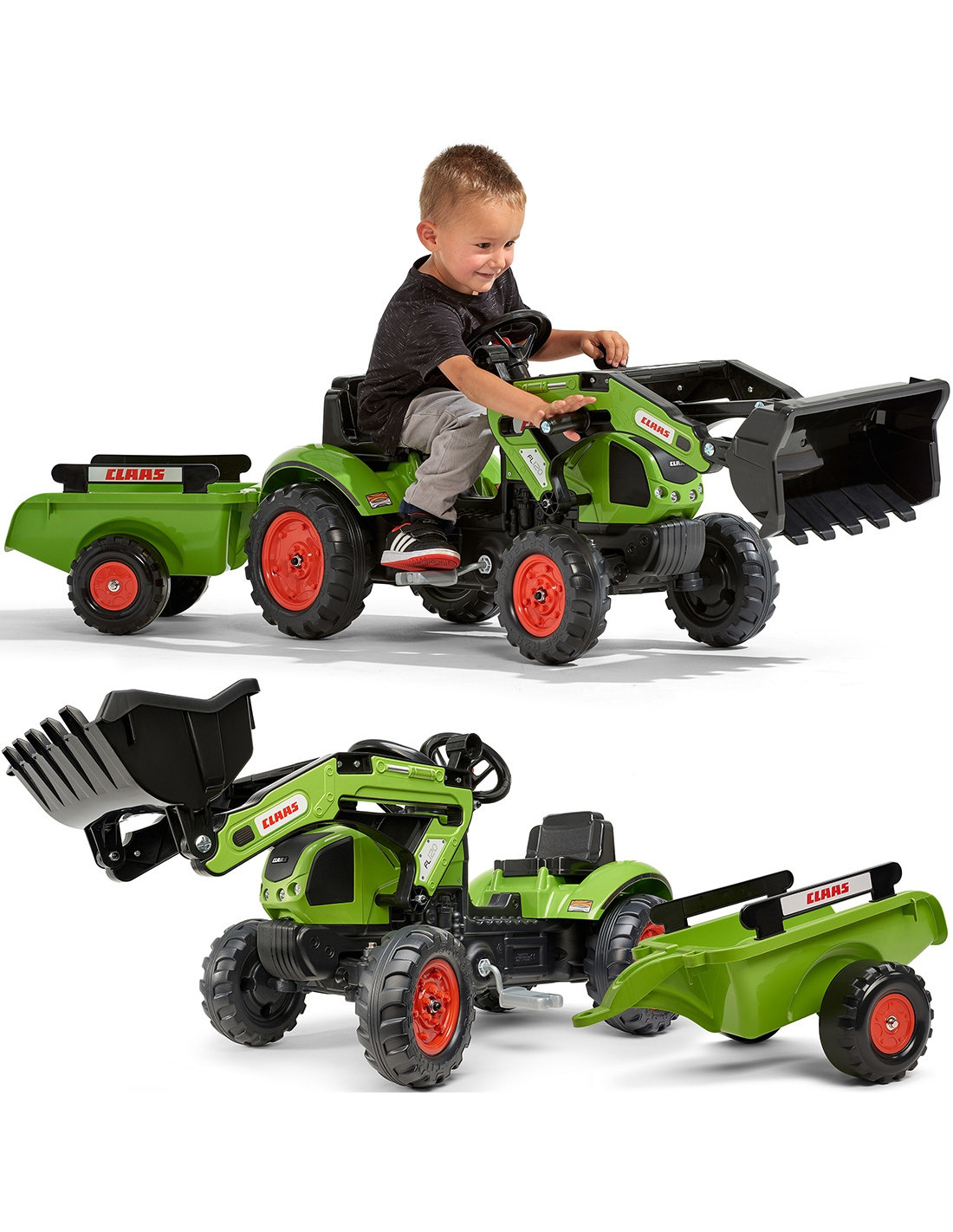 falk-claas-pedal-tractor-with-trailer-and-bucket-green-for-children-2-5 FALK Claas Arion 410 pedāļu traktors ar piekabi un frontālo kausu, zaļš - Image 1