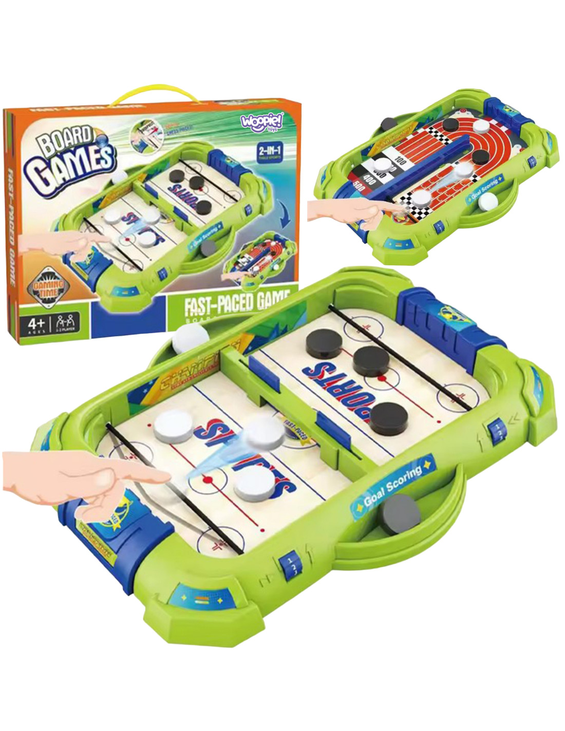 woopie-2-in-1-mini-hockey-racing-arcade-game 2-in-1 Mini Hokejs un Pinbola Sacīkšu Arkādes Spēle - Image 1