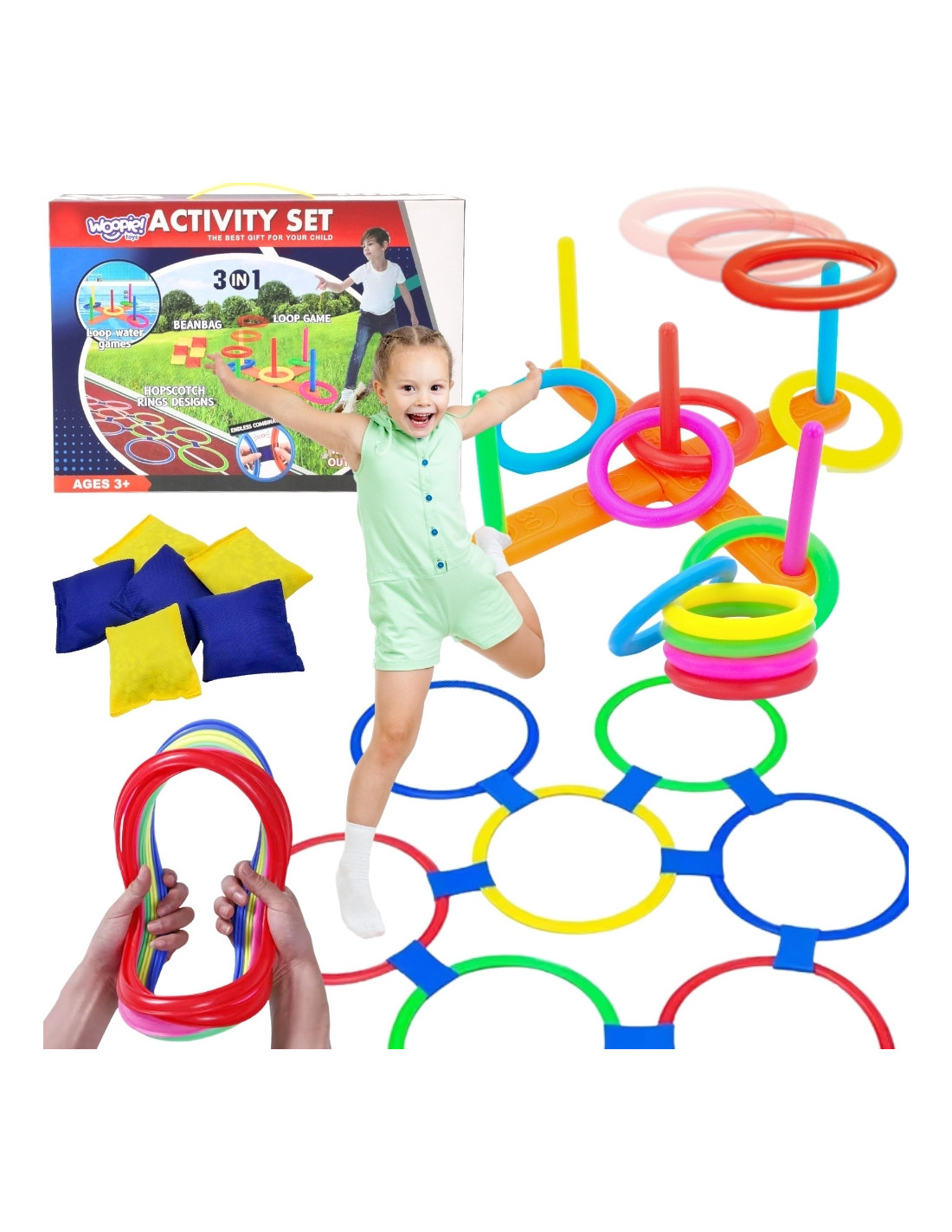 woopie-3-in-1-serso-cornhole-hopscotch-bean-bag-throw-set 3 vienā Prasmju Spēļu Komplekts – Riņķu Mešana, Cornhole un Klasītes - Image 1