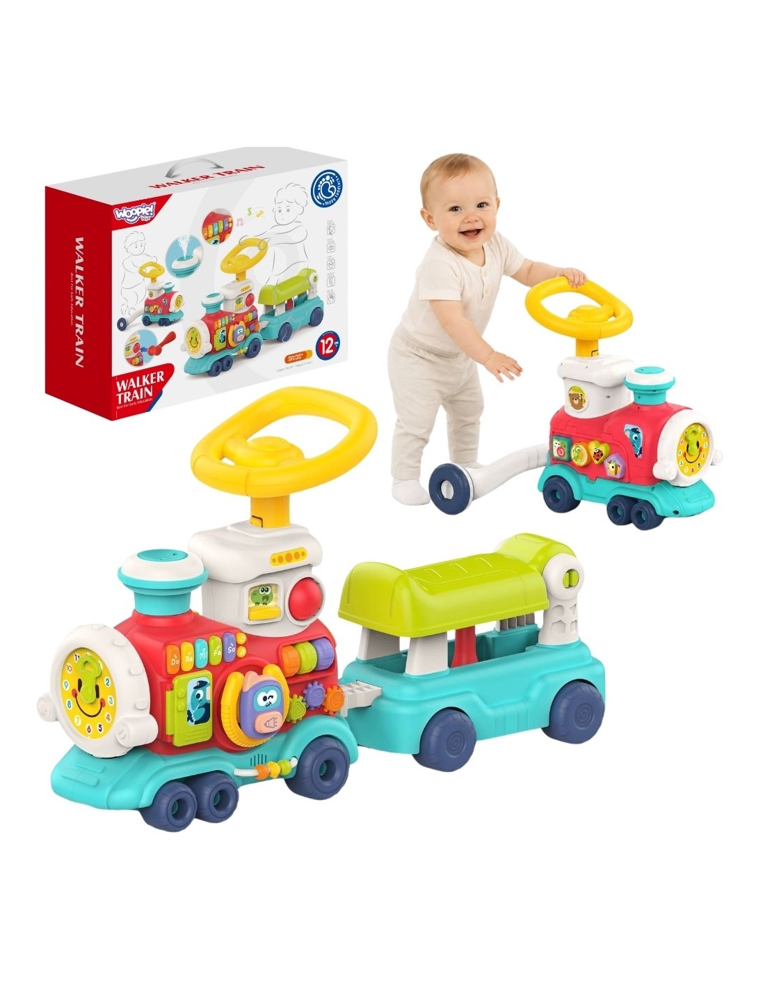 woopie-baby-locomotive-pusher-ride-on-2-in-1-interactive-train Interaktīva 2-in-1 lokomotīve bērniem — stumjamā staigulīša rotaļlieta un braucamais vilcieniņš - Image 1