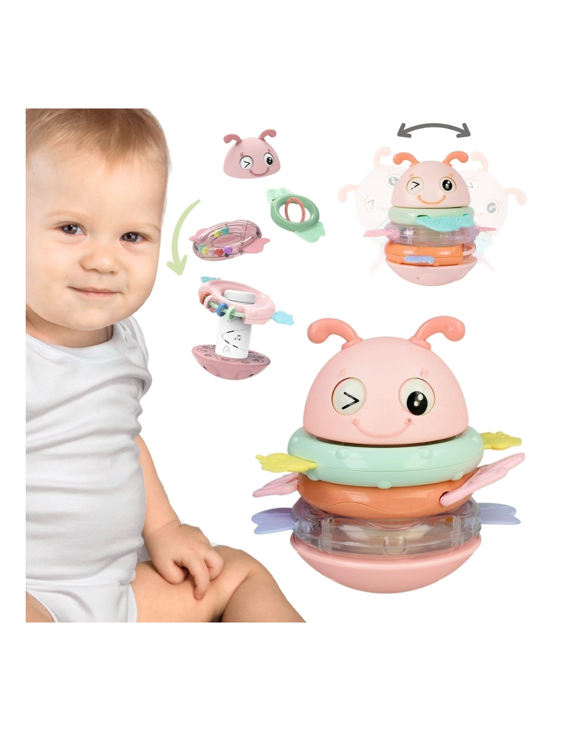 woopie-baby-wanka-stand-up-sensory-toy-2-in-1-rattle-teether-pink Bērnu 2-in-1 sensorā rotaļlieta ar bitīti — grabulis un graužamais - Image 1