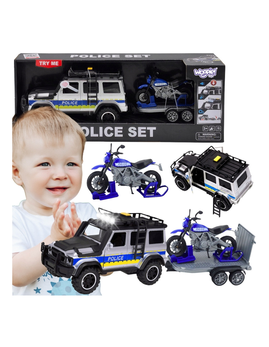 woopie-police-off-road-vehicle-with-motorcycle-trailer-set Policijas apvidus auto ar motociklu un piekabi - Image 1