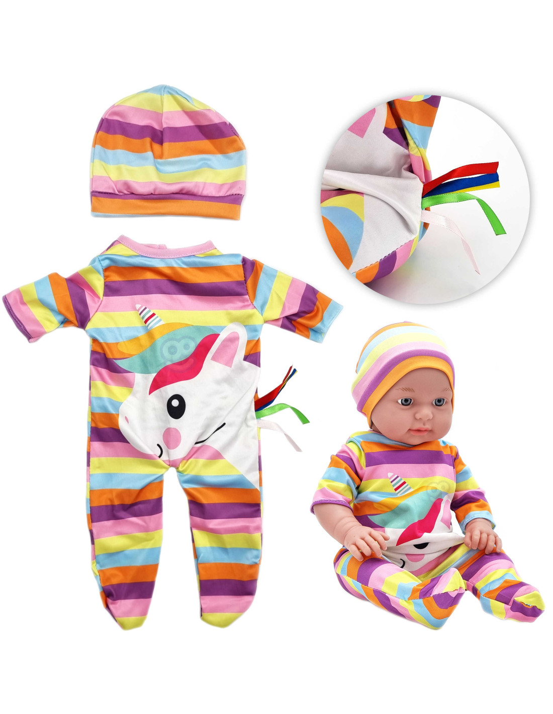 woopie-royal-doll-clothes-set-romper-bodysuit-unicorn-hat-43-46-cm Lelles apģērbu komplekts "Vienradzis" lellēm 43–46 cm - Image 1